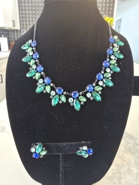 Blue and Green Crystal Floral Bib Necklace with Matching Earrings
